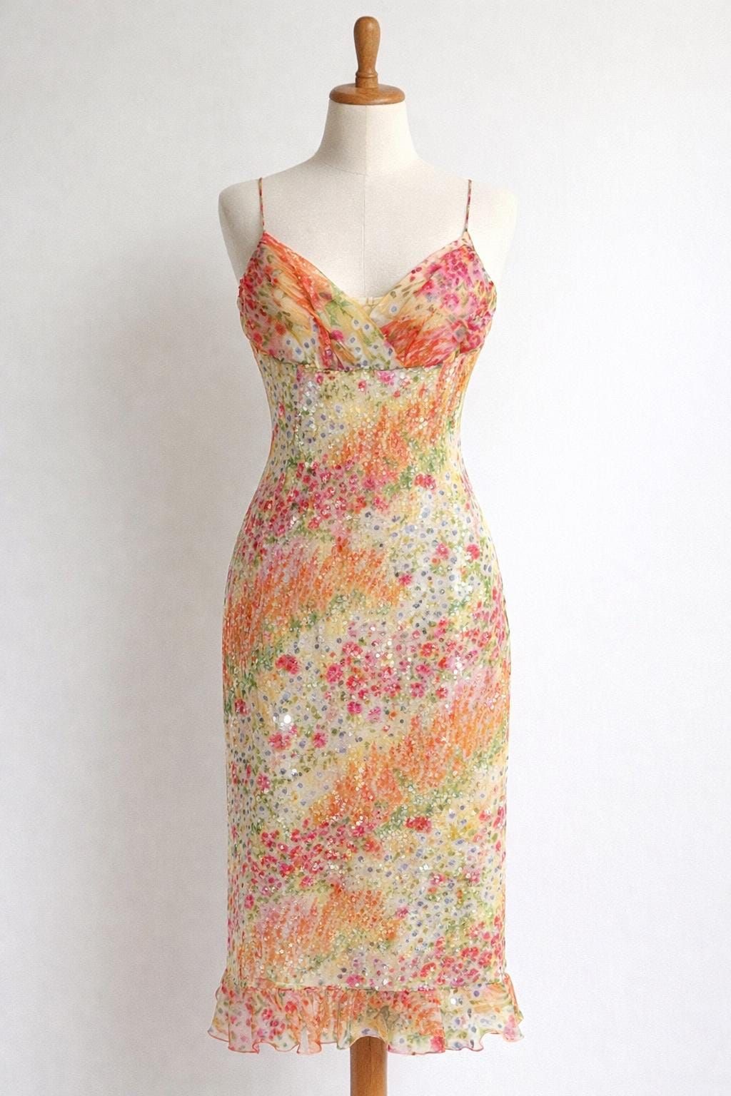 90s Escada Floral Sequin Midi Slip Dress