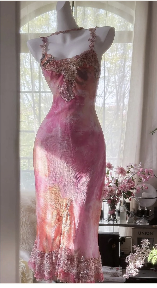 Pink Beaded Y2K Fitted Midi Slip Dress