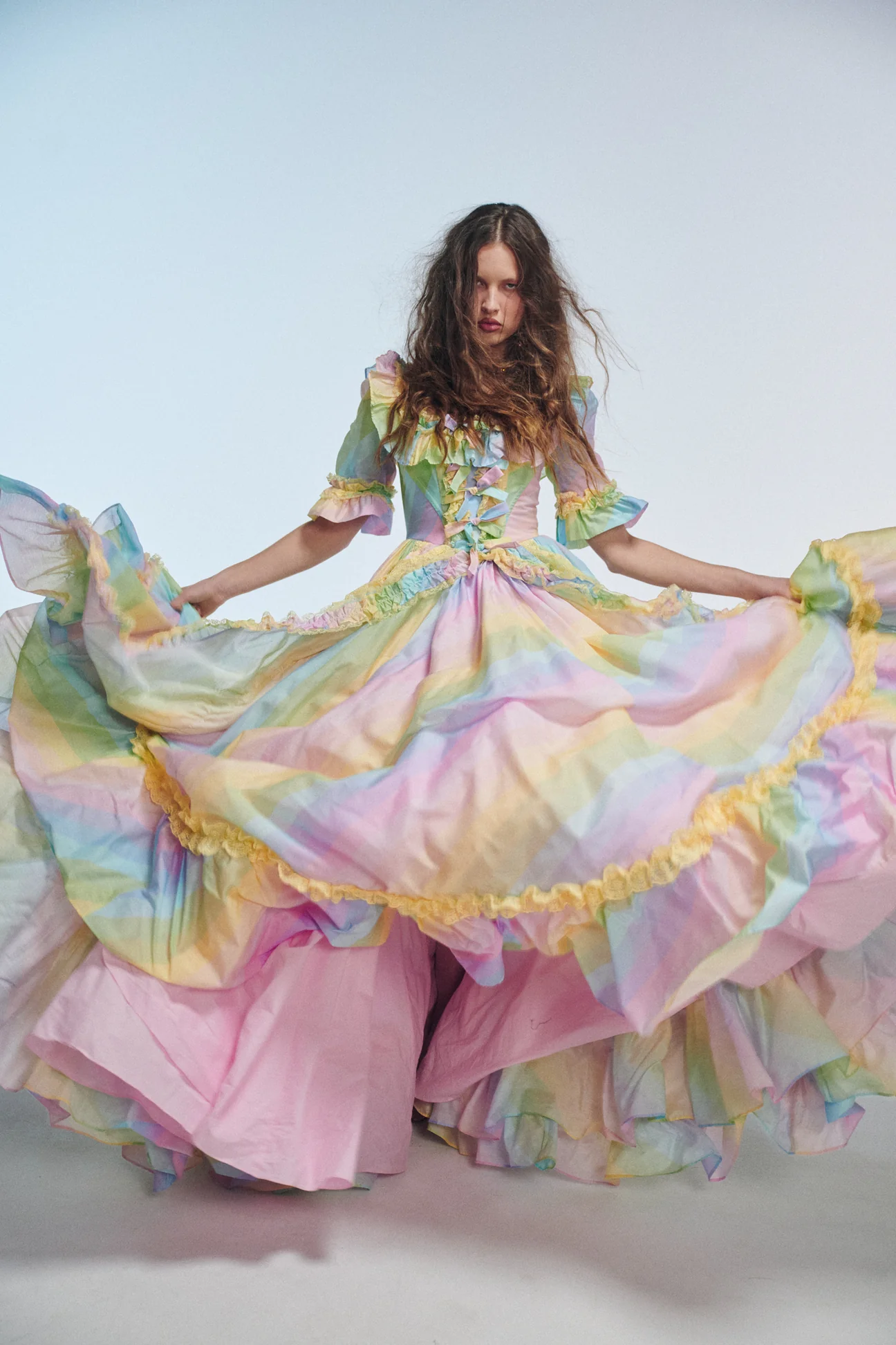Pastel Rainbow Ruffled Maxi Gown Dress